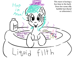 Size: 734x600 | Tagged: safe, artist:anonymous, derpibooru import, editor:nawa, bon bon, lyra heartstrings, sweetie drops, g4, bath toy, bathing, bone, bottle, bubble, dirty, doodle, earth pony lyra heartstrings, female, filth, food, hat, implied anon, inflatable pool, invitation, kiddie pool, leaning, lil shid, lineart, looking at you, mare, missing horn, misspelling, oats, open mouth, open smile, signature, simple background, skub, smelly, smiling, smiling at you, soap, soap bottle, solo, stink lines, talking to viewer, text, white background