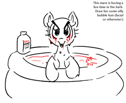 Size: 734x600 | Tagged: safe, artist:anonymous, derpibooru import, edit, oc, oc only, g4, bath toy, bathing, blood, bottle, canines, chest fluff, doodle, duochrome, evil, eyebrows, female, female oc, inflatable pool, kiddie pool, leaning, lineart, looking at you, mare, misspelling, no mane, open mouth, open smile, pony base, simple background, smiling, smiling at you, soap, soap bottle, solo, text, white background