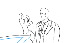 Size: 675x401 | Tagged: safe, artist:anonymous, derpibooru import, oc, oc only, oc:anon, oc:flippers, human, merpony, g4, clothes, comic, doodle, duo, duo male and female, female, female oc, human oc, looking at each other, looking at someone, male, mare, mare oc, necktie, no mane, simple background, smiling, smiling at each other, suit, water, white background