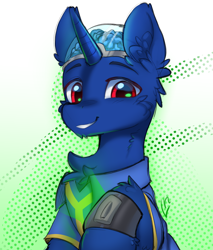 Size: 4079x4787 | Tagged: safe, artist:lunylin, derpibooru import, oc, oc only, oc:bit shift, pony, unicorn, fallout equestria, blue coat, brain, clothes, gradient background, horn, jumpsuit, looking at you, organs, pipbuck, smiling, smiling at you, solo, vault suit