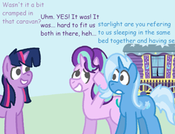 Size: 1299x1000 | Tagged: safe, artist:zoeyhorse, derpibooru import, starlight glimmer, trixie, twilight sparkle, twilight sparkle (alicorn), alicorn, pony, unicorn, g4, road to friendship, dialogue, female, grin, horn, implied sex, lesbian, mare, no pupils, shipping, smiling, startrix, trio, trio female, trixie's wagon, wagon