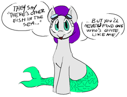 Size: 728x557 | Tagged: safe, artist:anonymous, derpibooru import, oc, oc only, oc:flippers, merpony, pony, g4, clothes, colored, comic, female, female oc, fish tail, flat colors, goggles, gray coat, green tail, hat, looking at you, mare, one-panel comic, rhyming, simple background, sitting, solo, speech bubble, swimming cap, swimming goggles, tail, talking to viewer, turquoise eyes, white background