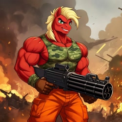 Size: 1024x1024 | Tagged: safe, ai content, derpibooru import, machine learning generated, big macintosh, anthro, earth pony, g4, clothes, cosplay, costume, fire, g.i. joe, generator:google imagen 3.0, great macintosh, grin, gun, machine gun, male, minigun, muscles, prompter:zerowinger, roadblock, smiling, solo, weapon