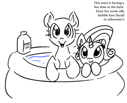 Size: 734x600 | Tagged: safe, artist:anonymous, derpibooru import, edit, rarity, oc, unicorn, g4, bathing, bottle, cute, duo, duo female, duochrome, female, horn, inflatable pool, kiddie pool, leaning, lineart, looking at you, mare, misspelling, oc and canon, open mouth, open smile, simple background, smiling, smiling at you, soap, soap bottle, solo, water, white background