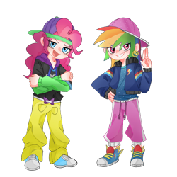 Size: 1080x1080 | Tagged: safe, artist:king611075, derpibooru import, pinkie pie, rainbow dash, human, g4, baseball cap, cap, clothes, crossed arms, grin, hand gesture, hat, hoodie, humanized, jacket, looking at you, open mouth, pants, rapper dash, rapper pie, shirt, shoes, simple background, smiling, sneakers, transparent background