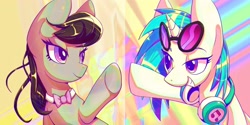 Size: 3200x1600 | Tagged: safe, artist:awhitesheep, derpibooru import, dj pon-3, octavia melody, vinyl scratch, earth pony, pony, unicorn, g4, abstract background, female, grin, headphones, horn, mare, smiling