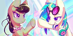 Size: 3200x1600 | Tagged: safe, alternate version, artist:awhitesheep, derpibooru import, dj pon-3, octavia melody, vinyl scratch, earth pony, pony, unicorn, g4, abstract background, female, grin, headphones, horn, mare, smiling