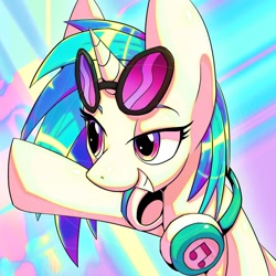 Size: 1600x1600 | Tagged: safe, artist:awhitesheep, derpibooru import, dj pon-3, vinyl scratch, pony, unicorn, g4, abstract background, female, grin, headphones, horn, mare, smiling, solo