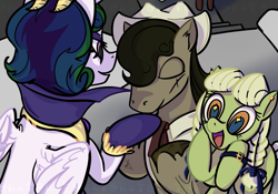 Size: 2388x1668 | Tagged: safe, alternate version, artist:luansh, derpibooru import, idw, granny smith, pokey oaks, princess celestia, alicorn, earth pony, pony, g4, reflections, spoiler:comic, eyes closed, female, hoof kissing, male, mare, mirror universe, open mouth, smiling, sparkly eyes, stallion, wingding eyes, young granny smith, younger