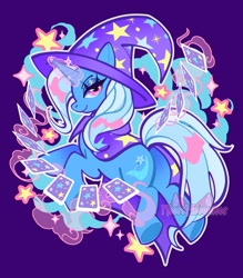 Size: 1812x2065 | Tagged: safe, artist:necromeowncer, derpibooru import, trixie, unicorn, g4, cape, card, clothes, female, hat, horn, lidded eyes, looking at you, looking back, looking back at you, magic, smiling, smiling at you, telekinesis, trixie's cape, trixie's hat