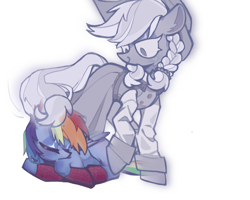 Size: 2500x2000 | Tagged: safe, alternate version, artist:zi322207, derpibooru import, applejack, rainbow dash, spirit of hearth's warming past, earth pony, ghost, pony, undead, g4, clothes, dress, duo, duo female, eyes closed, female, mare, simple background, sleeping, socks, solo, white background