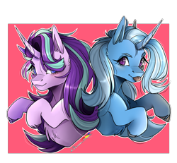 Size: 1000x924 | Tagged: safe, artist:legendaryshadee, derpibooru import, starlight glimmer, trixie, pony, unicorn, g4, :p, bust, chest fluff, duo, female, horn, mare, signature, simple background, smiling, tongue, tongue out