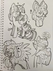 Size: 1279x1706 | Tagged: safe, artist:piaojun55154, derpibooru import, apple bloom, limestone pie, marble pie, silverstream, twilight sparkle, twilight velvet, earth pony, hippogriff, pony, unicorn, g4, female, filly, foal, graph paper, horn, lineart, mare, smiling, speech bubble, spread wings, text, traditional art, wings