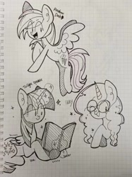 Size: 1279x1706 | Tagged: safe, artist:piaojun55154, derpibooru import, rainbow dash, twilight sparkle, twilight sparkle (alicorn), alicorn, pegasus, pony, unicorn, g4, book, female, glasses, graph paper, horn, magic, mare, one eye closed, telekinesis, text, traditional art, wink