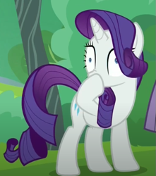 Size: 533x603 | Tagged: safe, derpibooru import, screencap, rarity, pony, unicorn, g4, season 6, the gift of the maud pie, boop, cropped, funny, horn, out of context, outdoors, scrunchy face, self-boop, solo, tree, wide eyes