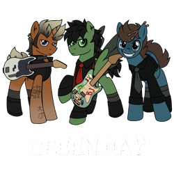 Size: 3500x3500 | Tagged: safe, artist:pegacousinceles, derpibooru import, earth pony, pegasus, pony, unicorn, billie joe armstrong, green day, guitar, horn, male, musical instrument, ponified, simple background, species swap, stallion, transparent background, trio, trio male, wings