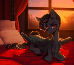 Size: 3300x2900 | Tagged: safe, artist:avroras_world, derpibooru import, oc, oc only, pegasus, pony, art trade, backlighting, looking at you, lying down, pillow, prone, skinny, solo, sunset, thin, window