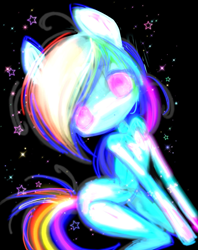 Size: 1640x2075 | Tagged: safe, artist:ieatedyuripizza, derpibooru import, rainbow dash, anthro, pegasus, semi-anthro, g4, black background, female, looking at you, mare, pink eyes, pixelated, simple background, solo, stars