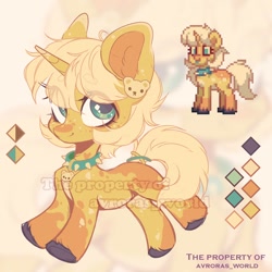 Size: 1400x1400 | Tagged: safe, artist:avroras_world, derpibooru import, oc, oc only, pony, unicorn, coat markings, collar, color palette, ear fluff, ear piercing, earring, ears, eye clipping through hair, eyebrows, eyebrows visible through hair, female, horn, jewelry, mare, obtrusive watermark, piercing, redesign, signature, smiling, solo, spiked collar, unshorn fetlocks, watermark, zoom layer