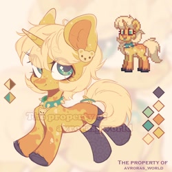 Size: 1400x1400 | Tagged: safe, alternate version, artist:avroras_world, derpibooru import, oc, oc only, pony, unicorn, clothes, coat markings, collar, color palette, ear fluff, ear piercing, earring, ears, eye clipping through hair, eyebrows, eyebrows visible through hair, female, horn, jewelry, mare, obtrusive watermark, piercing, redesign, signature, smiling, solo, spiked collar, stockings, thigh highs, unshorn fetlocks, watermark, zoom layer