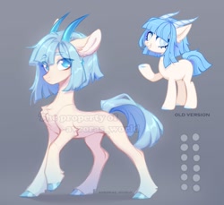 Size: 1200x1100 | Tagged: safe, artist:avroras_world, derpibooru import, oc, oc only, pony, chest fluff, colored hooves, concave belly, ear fluff, ear piercing, earring, ears, eye clipping through hair, eyebrows, eyebrows visible through hair, female, gradient horns, gray background, grin, hooves, horns, jewelry, mare, obtrusive watermark, piercing, raised hoof, raised leg, redesign, simple background, slender, smiling, solo, thin, watermark