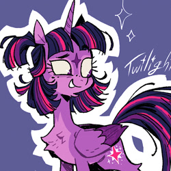 Size: 1080x1080 | Tagged: safe, alternate version, artist:batzy-artz, derpibooru import, twilight sparkle, twilight sparkle (alicorn), alicorn, pony, g4, alternate cutie mark, alternate design, alternate hairstyle, bags under eyes, bald face, blaze (coat marking), chest fluff, chin fluff, coat markings, colored belly, colored eartips, colored muzzle, colored wings, eye markings, eyelashes, facial markings, female, folded wings, freckles, hock fluff, horn, long neck, long tail, looking back, looking down, mare, mealy mouth (coat marking), noise, outline, pale muzzle, ponytail, purple coat, purple eyes, redesign, smiling, solo, star (coat marking), straight mane, tail, text, textured background, three toned mane, three toned tail, two toned ears, two toned wings, unicorn horn, white text, wings, zoomed in