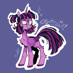 Size: 1080x1080 | Tagged: safe, artist:batzy-artz, derpibooru import, twilight sparkle, twilight sparkle (alicorn), alicorn, pony, g4, alternate cutie mark, alternate design, alternate hairstyle, bags under eyes, bald face, blaze (coat marking), chest fluff, chin fluff, coat markings, colored belly, colored eartips, colored fetlocks, colored hooves, colored muzzle, colored wings, eye markings, eyelashes, facial markings, female, folded wings, freckles, hock fluff, hooves, horn, leg fluff, long neck, long tail, looking back, looking down, mare, mealy mouth (coat marking), noise, outline, pale muzzle, ponytail, purple coat, purple eyes, purple hooves, redesign, shaggy tail, smiling, socks (coat marking), solo, sparkles, standing, star (coat marking), straight mane, tail, text, textured background, three toned mane, three toned tail, two toned ears, two toned wings, unicorn horn, unshorn fetlocks, white text, wings