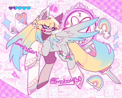 Size: 2048x1655 | Tagged: safe, artist:emoboy130, derpibooru import, oc, oc only, oc:brave jockey, pegasus, pony, abstract background, bangs, blonde, blonde mane, blonde tail, blood, blood on face, blue eyes, blue wingtips, checkered background, clothes, colored hooves, colored pinnae, colored wings, colored wingtips, commission, ear fluff, ear piercing, earring, ears, eye clipping through hair, female, female oc, floating crown, floating heart, hair accessory, hairclip, heart, holding a knife, hoofless socks, hooves, jewelry, knife, long mane, long socks, long tail, looking at you, mane accessory, mare, mare oc, mouth hold, partially open wings, patterned background, pegasus oc, piercing, pink hooves, pink text, pixel heart, rainbow, shiny ears, shiny hooves, shiny mane, shiny tail, signature, socks, sparkles, syringe, tail, text, two toned mane, two toned tail, two toned wings, white coat, wings