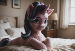 Size: 2432x1664 | Tagged: safe, ai content, artist:greenvoid, derpibooru import, machine learning assisted, machine learning generated, starlight glimmer, pony, unicorn, g4, bed, bedroom, chest fluff, desk lamp, horn, on bed, photorealistic, pillow, prompter:greenvoid, realistic, solo, uncanny valley, window