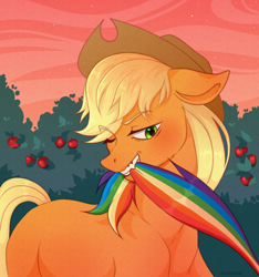 Size: 1500x1600 | Tagged: safe, artist:sociofag, derpibooru import, applejack, rainbow dash, earth pony, pony, g4, appledash, biting, duo, duo female, female, lesbian, offscreen character, one eye closed, shipping, smiling, smirk, sunset, tail, tail bite, teeth, wink