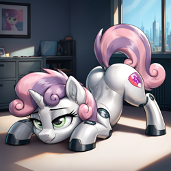 Size: 1024x1024 | Tagged: safe, ai content, derpibooru import, generator:pony diffusion v6 xl, generator:stable diffusion, machine learning generated, sweetie belle, sweetie bot, pony, robot, robot pony, unicorn, g4, back, butt, city, dock, ear fluff, ears, face down ass up, female, filly, foal, horn, lidded eyes, plot, prompter:thelight3d, smiling, solo, tail, window