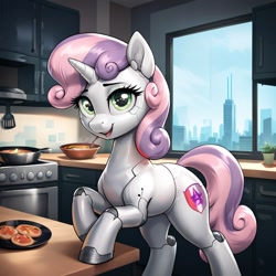 Size: 1024x1024 | Tagged: safe, ai content, derpibooru import, generator:pony diffusion v6 xl, generator:stable diffusion, machine learning generated, sweetie belle, sweetie bot, pony, robot, robot pony, unicorn, g4, city, food, horn, kitchen, looking at you, open mouth, open smile, prompter:thelight3d, smiling, solo, tail, window