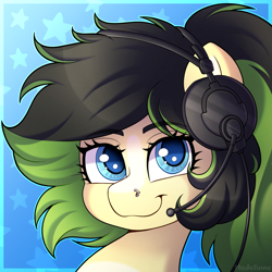 Size: 3000x3000 | Tagged: safe, artist:madelinne, derpibooru import, oc, oc only, oc:core, pegasus, bust, female, headphones, icon, looking at you, mare, pegasus oc, portrait, smiling, solo