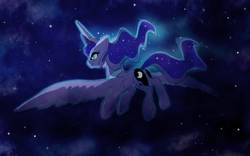 Size: 900x563 | Tagged: safe, artist:skyeypony, derpibooru import, princess luna, alicorn, pony, g4, concave belly, ethereal mane, ethereal tail, female, horn, large wings, long horn, mare, slender, solo, space, spread wings, tail, thin, underhoof, wings