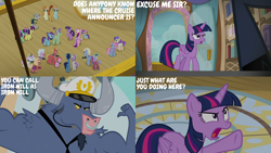 Size: 2000x1125 | Tagged: safe, derpibooru import, edit, edited screencap, editor:quoterific, screencap, agua fresca, chelsea porcelain, grapefruit squash, iron will, lens reflex, lily peel, night light, pearly stitch, princess cadance, raspberry sorbet, sun cloche, sunny side, tropic heat, twilight sparkle, twilight sparkle (alicorn), twilight velvet, alicorn, g4, once upon a zeppelin, airship, breezy serenade, chain letter (g4), cherry mango, cranberry muffin, mossy rock, oasis breeze, paddleball (g4), scribble pad, spray tag, zeppelin