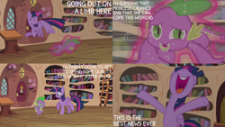 Size: 2000x1125 | Tagged: safe, derpibooru import, edit, edited screencap, editor:quoterific, screencap, spike, twilight sparkle, twilight sparkle (alicorn), alicorn, dragon, pony, g4, season 4, three's a crowd, duo, duo male and female, female, golden oaks library, magic, male, open mouth, telekinesis, volumetric mouth, wingless spike