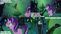 Size: 2000x1125 | Tagged: safe, derpibooru import, edit, edited screencap, editor:quoterific, screencap, queen chrysalis, starlight glimmer, g4, to where and back again, changeling hive