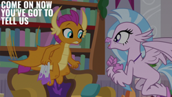 Size: 2000x1125 | Tagged: safe, derpibooru import, edit, edited screencap, editor:quoterific, screencap, silverstream, smolder, g4, the hearth's warming club, bookshelf, duo, duo female, female, flying, school of friendship, sofa