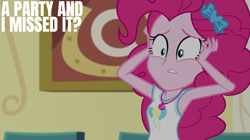 Size: 2003x1125 | Tagged: safe, derpibooru import, edit, edited screencap, editor:quoterific, screencap, pinkie pie, best trends forever, best trends forever: pinkie pie, choose your own ending, equestria girls, g4, anxiety, armpits, dialogue, female, hands on head, ribbon, solo, teenager, text