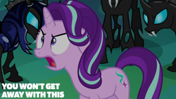 Size: 2000x1125 | Tagged: safe, derpibooru import, edit, edited screencap, editor:quoterific, screencap, starlight glimmer, changeling, g4, to where and back again, changeling hive, solo