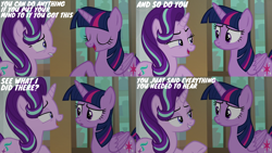 Size: 2000x1125 | Tagged: safe, derpibooru import, edit, edited screencap, editor:quoterific, screencap, starlight glimmer, twilight sparkle, twilight sparkle (alicorn), alicorn, g4, the beginning of the end, duo, duo female, female, lip bite, school of friendship