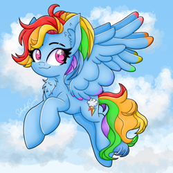 Size: 900x900 | Tagged: safe, artist:splashofsweet, derpibooru import, rainbow dash, pegasus, pony, g4, chest fluff, colored wings, colored wingtips, ear fluff, ears, female, mare, sky background, smiling, solo, spread wings, tail, wings