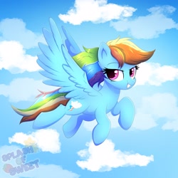 Size: 3000x3000 | Tagged: safe, artist:splashofsweet, derpibooru import, rainbow dash, pegasus, pony, g4, cloud, female, flying, grin, heart, heart eyes, high res, looking at you, mare, outdoors, sky, smiling, smiling at you, solo, spread wings, tail, wingding eyes, wings