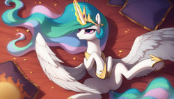 Size: 2688x1536 | Tagged: safe, ai content, derpibooru import, generator:pony diffusion v6 xl, generator:stable diffusion, machine learning generated, princess celestia, alicorn, pony, g4, beautiful, bed, cute, dock, featureless crotch, glowing, glowing horn, hooves, horn, jewelry, lying down, on back, pillow, prompter:mr-bat, smiling, solo, spread legs, spread wings, spreading, tail, wings