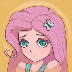 Size: 4000x4000 | Tagged: safe, artist:lotus, derpibooru import, fluttershy, human, g4, bust, humanized, looking at you, portrait, simple background, solo, spotlight, text, yellow background