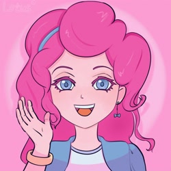 Size: 4000x4000 | Tagged: safe, artist:lotus, derpibooru import, pinkie pie, human, g4, humanized, looking at you, open mouth, pink background, simple background, smiling, solo, spotlight, text