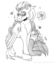 Size: 2500x3008 | Tagged: safe, artist:monnarcha, derpibooru import, oc, oc only, pegasus, pony, floral head wreath, flower, glasses, pegasus oc, simple background, solo, white background