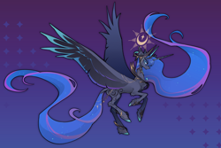 Size: 3300x2200 | Tagged: safe, artist:atardanto, derpibooru import, princess luna, alicorn, pony, g4, abstract background, alternate design, blue background, chest fluff, coat markings, colored hooves, concave belly, dithering, elbow fluff, ethereal mane, ethereal tail, female, floating crown, flying, full body, gradient background, halo, hock fluff, hooves, horn, impossibly long hair, jewelry, large wings, leg jewelry, long hair, long horn, long mane, long tail, looking at you, mare, patterned background, purple background, simple background, slender, solo, sparkly mane, sparkly tail, spread wings, swirls, swirly markings, tail, tail jewelry, thin, very long hair, wings