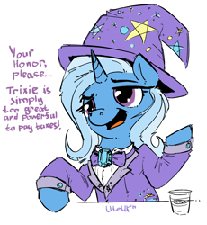 Size: 1648x1794 | Tagged: safe, artist:uteuk, derpibooru import, trixie, pony, unicorn, g4, bow, clothes, costume, crystal, female, great and powerful, hat, horn, horse taxes, mare, simple background, solo, tax evasion, this will end in jail time, white background