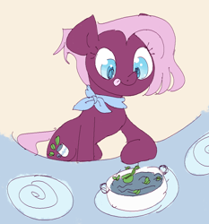 Size: 948x1016 | Tagged: safe, derpibooru import, jasmine leaf, earth pony, pony, g4, clothes, colored, cooking, drawthread, female, flat colors, food, implied tea, leaves, mare, neckerchief, requested art, scarf, solo, tongue, tongue out, water